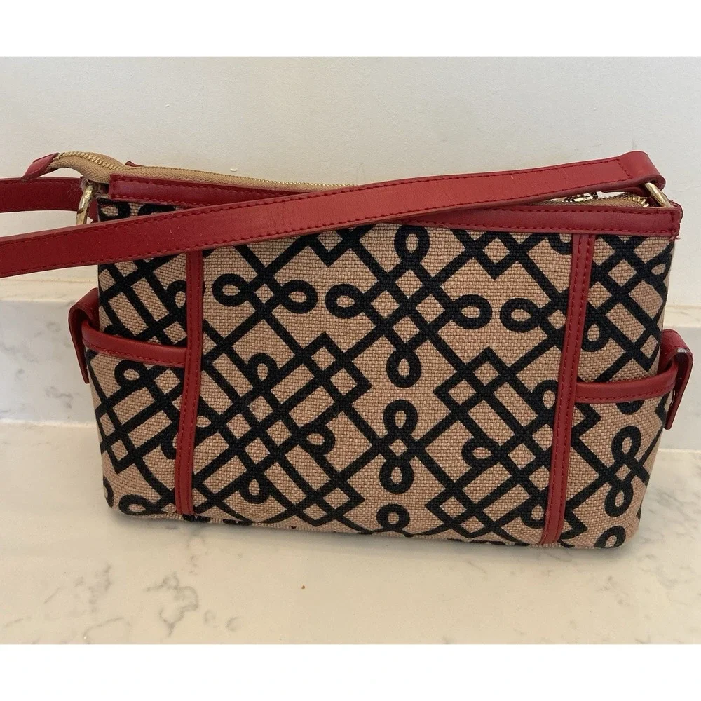SPARTINA 449 Daufuskie Island Brown Black Linen Geometric Red‎ Leather Purse